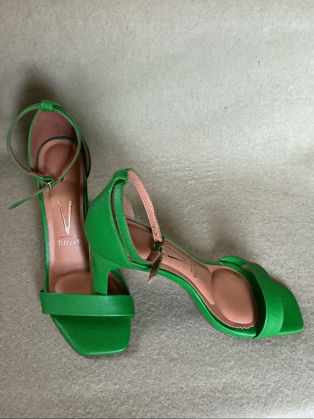 Green Satin Ankle-Strap Block Heels